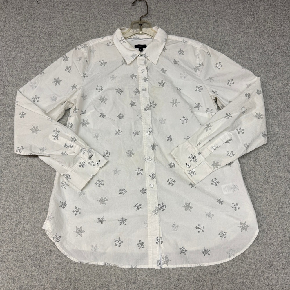Talbots Button Down Shirt Size M White Grey Snowflake Print Cotton Long Sleeve
